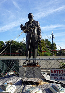 Cory Doctorow, Roped-up Satchmo statue, Louis Armstrong Park, New Orleans, Louisiana, 2010. Area closed off since contractors poured pavement with bad cement and damaged the statue. Cory Doctorow, Roped-up Satchmo statue, Louis Armstrong Park, New Orleans, Louisiana, 2010. Area closed off since contractors poured pavement with bad cement and damaged the statue.
