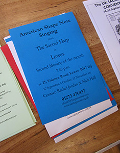 Jesse P. Karlsberg, Sacred Harp singing flyer at the seventeenth United Kingdom Sacred Harp Convention advertising "American shape-note singing," Winnersh, United Kingdom, 2012. Jesse P. Karlsberg, Sacred Harp singing flyer at the seventeenth United Kingdom Sacred Harp Convention advertising "American shape-note singing," Winnersh, United Kingdom, 2012.