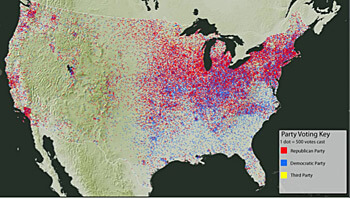 Digital Scholarship Lab, Screenshot of Voting America: United States Politics, 1840–2008, "Dot-Density Map of Presidential Voting, 1920," University of Richmond, 2011.