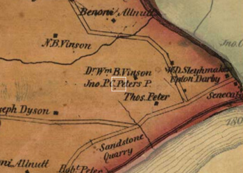 Simon J. Martenet, Detail of Martenet and Bond's Map of Montgomery County, 1865. Library of Congress Geography and Map Division, 2002620533. A white box shows John P. C. Peter's sandstone quarry and residence at Seneca Mills, just north of the Potomac River in Virginia. Simon J. Martenet, Detail of Martenet and Bond's Map of Montgomery County, 1865. Library of Congress Geography and Map Division, 2002620533. A white box shows John P. C. Peter's sandstone quarry and residence at Seneca Mills, just north of the Potomac River in Virginia.