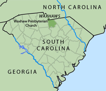 Map of South Carolina Waxhaws region, 2012. Map shows location of Waxhaw Presbyterian Church in Lancaster County, South Carolina.