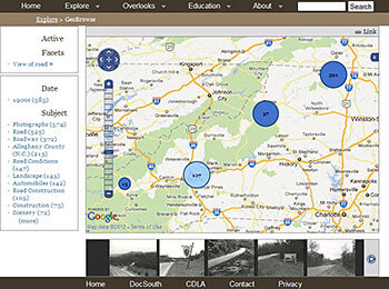 Screen capture of the GeoBrowse tool, Driving Through Time, 2012. The GeoBrowse tool allows visitors to browse documents in the collection by geographical location. Screen capture of the GeoBrowse tool, Driving Through Time, 2012. The GeoBrowse tool allows visitors to browse documents in the collection by geographical location.