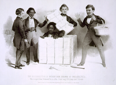 The Resurrection of Henry Box Brown at Philadelphia, who escaped from Richmond Va. in a box 3 feet long 2½ ft. deep and 2 ft. wide. Henry Box Brown's iconic flight North was sparked when he watched his wife and child sold South. Published by A. Donnelly, 1850. Courtesy the Library of Congress. The Resurrection of Henry Box Brown at Philadelphia, who escaped from Richmond Va. in a box 3 feet long 2½ ft. deep and 2 ft. wide. Henry Box Brown's iconic flight North was sparked when he watched his wife and child sold South. Published by A. Donnelly, 1850. Courtesy the Library of Congress.
