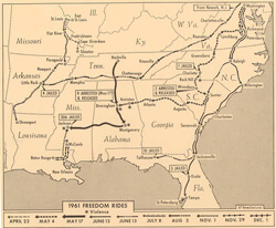 Associated Press, Map of 1961 Freedom Rides Routes, February 1962.