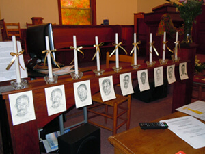 Tom Reidy, Pam Farmer's sketches of the nine Scottsboro defendants, Scottsboro, Alabama, 2011.