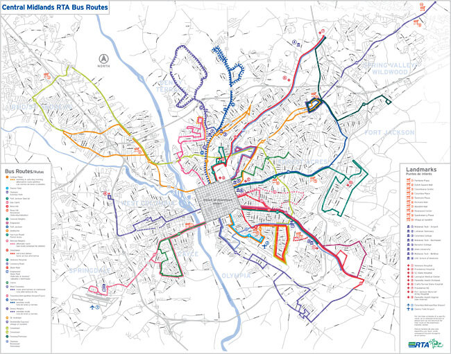 Central Midlands RTA Bus Routes, Columbia, South Carolina, and surrounding areas. West Columbia, South Carolina, the area to the west of the Columbia River, is underserved by the metropolitan region's public transit system. Central Midlands RTA Bus Routes, Columbia, South Carolina, and surrounding areas. West Columbia, South Carolina, the area to the west of the Columbia River, is underserved by the metropolitan region's public transit system.