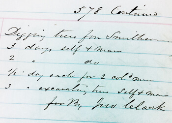 Ledger entry for January 15, 1850. On January 15, 1850, the white gardener and florist John Howlett was compensated for the labor (one half day each) of "two colored men", at a total of one dollar, working on the Smithsonian grounds. Smithsonian Institution Day Book, 1846-1856, p. 578. Courtesy Smithsonian Institution Archives. Ledger entry for January 15, 1850. On January 15, 1850, the white gardener and florist John Howlett was compensated for the labor (one half day each) of "two colored men", at a total of one dollar, working on the Smithsonian grounds. Smithsonian Institution Day Book, 1846-1856, p. 578. Courtesy Smithsonian Institution Archives.