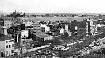 Old Smithsonian Institution Building (now known as the "Castle"), in upper left, viewed from downtown Washington. Washington Canal visible in upper right. c. 1855. Courtesy of Smithsonian Institution Archives. Old Smithsonian Institution Building (now known as the "Castle"), in upper left, viewed from downtown Washington. Washington Canal visible in upper right. c. 1855. Courtesy of Smithsonian Institution Archives.