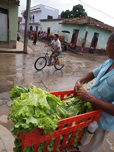 Charles D. Thompson, Jr., A lettuce grower in Trinidad looks at a milk rationing line where families must show ration cards to obtain their daily quota. Trinidad, Cuba, December 2010.