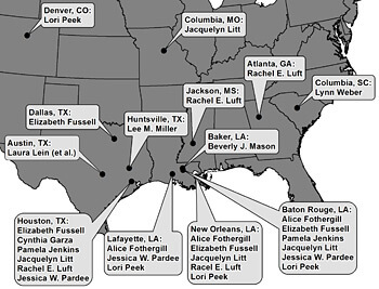 Map of research locations of contributors to Displaced: Life in the Katrina Diaspora. Lynn Weber conducted research in Columbia, South Carolina. Map of research locations of contributors to Displaced: Life in the Katrina Diaspora. Lynn Weber conducted research in Columbia, South Carolina.
