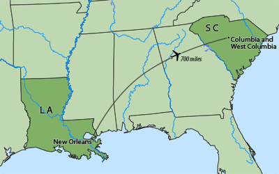 Map showing route from New Orleans, Louisiana to Columbia and West Columbia, South Carolina, 2012. Map showing route from New Orleans, Louisiana to Columbia and West Columbia, South Carolina, 2012.