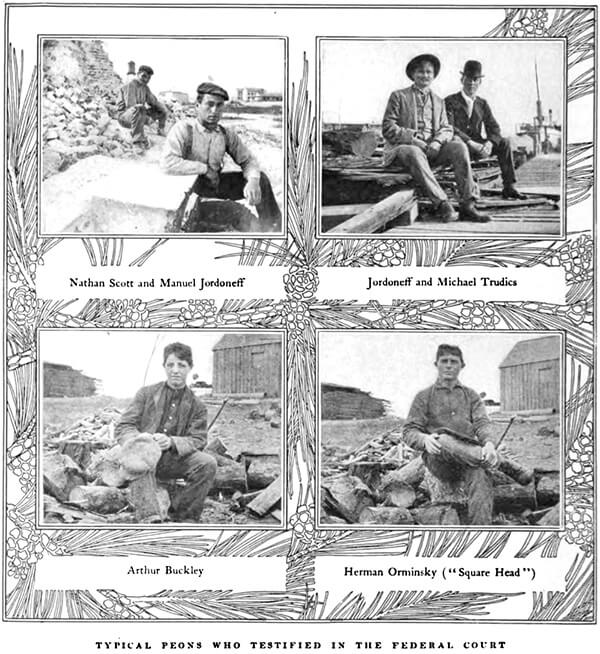 Workers Nathan Scott, Manuel Jordoneff (also known as Jordomons), Michael Trudics, Arthur Buckley, and Herman Orminsky ("Square-head"), outside Lockhart, Alabama. Alexander Irvine, "My Life in Peonage," Appleton's Magazine, June 1907, 648.