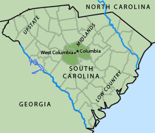 Map showing the Midlands of South Carolina, 2012. Columbia, the state capital, and West Columbia are in the Midlands region of the state. Map showing the Midlands of South Carolina, 2012. Columbia, the state capital, and West Columbia are in the Midlands region of the state.