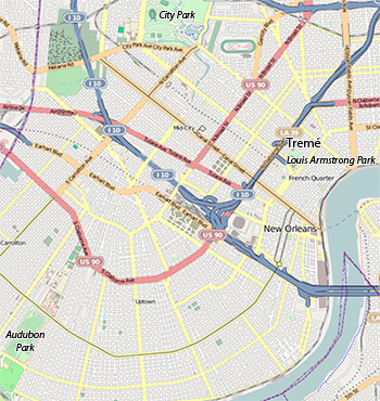 New Orlean map showing Louis Armstrong Park in Tremé, City Park, and Audubon Park. ©OpenStreetMap contributors, CC-BY-SA New Orlean map showing Louis Armstrong Park in Tremé, City Park, and Audubon Park. ©OpenStreetMap contributors, CC-BY-SA.