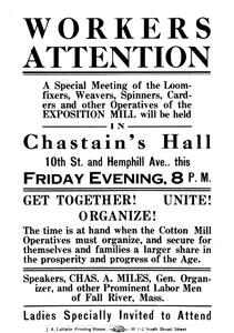 Flyer announcing a strike meeting to occur at Chastain's Hall, 10th Street and Hemphill Avenue, Atlanta, Georgia, 1914. Courtesy of Georgia Tech Archives and Records Management, Fulton Bag and Cotton Mills Digital Collection. 