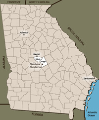 County Map of Georgia highlighting Bibb and Twiggs Counties.