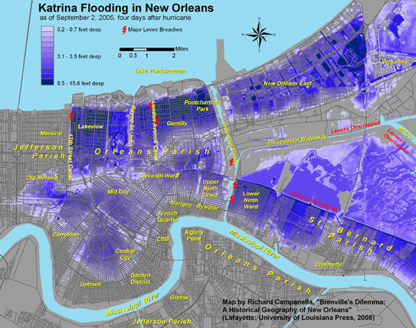 Katrina Flooding in New Orleans (larger version). Map by Richard Campanella, 2008. Katrina Flooding in New Orleans (larger version). Map by Richard Campanella, 2008.