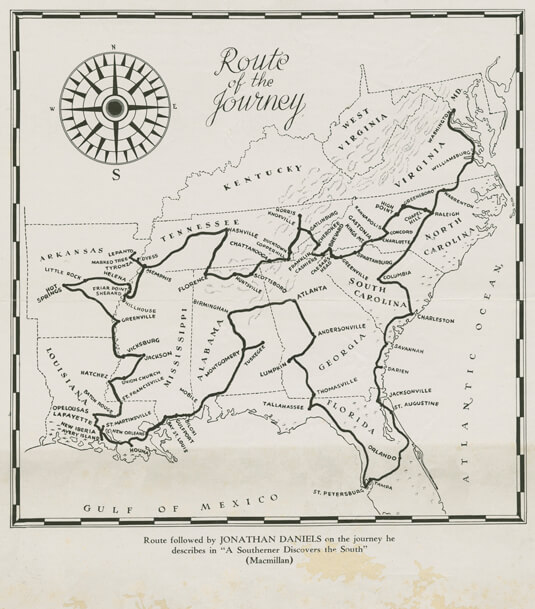 Map of Jonathan Daniels's joufloatrney from A Southerner Discovers the South, 1938. Jonathan Daniels Papers, Southern Historical Collection, The Wilson Library, University of North Carolina at Chapel Hill. 