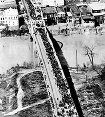 Aerial view of marchers crossing the Edmund Pettus Bridge, 1965. Aerial view of marchers crossing the Edmund Pettus Bridge, 1965.