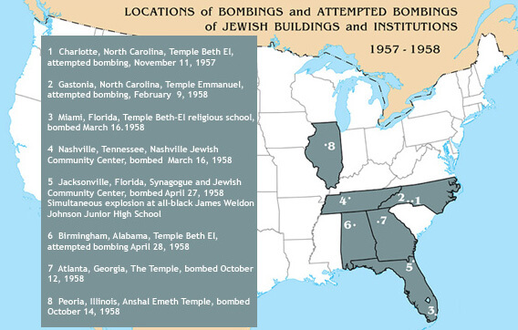 Ellen Rafshoon, Locations of bombings and attempted bombings of Jewish buildings and institutions, 1957–1958, from "'The Bomb that Healed': Rabbi Jacob M. Rothschild, Civil Rights and The Temple Bombing of 1958," Manuscript, Archives & Rare Book Library, Emory University, 2008. Ellen Rafshoon, Locations of bombings and attempted bombings of Jewish buildings and institutions, 1957–1958, from "'The Bomb that Healed': Rabbi Jacob M. Rothschild, Civil Rights and The Temple Bombing of 1958," Manuscript, Archives & Rare Book Library, Emory University, 2008.