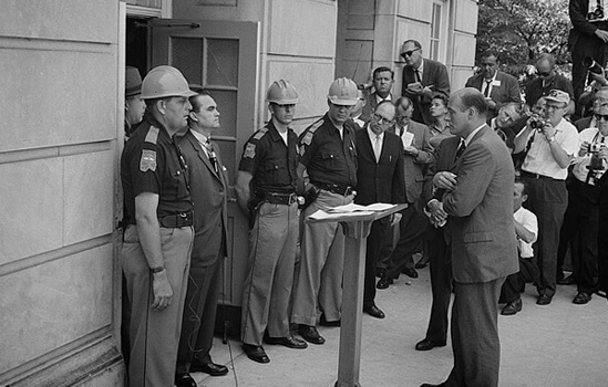 Warren K. Leffler, Governor George Wallace attempting to block integration at the University of Alabama, Tuscaloosa, Alabama, 1963. Warren K. Leffler, Governor George Wallace attempting to block integration at the University of Alabama, Tuscaloosa, Alabama, 1963.