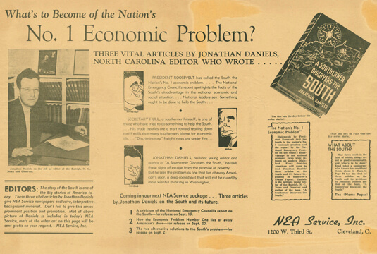 National Enterprise Association (NEA) service promotion, 1938. Jonathan Daniels Papers, Southern Historical Collection, The Wilson Library, University of North Carolina at Chapel Hill. 