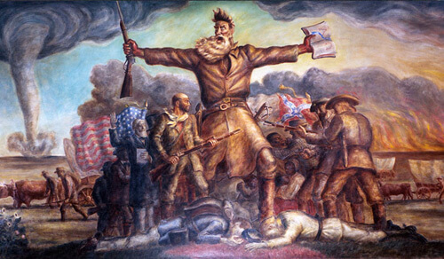 John Steuart Curry's 1941 mural, Tragic Prelude, embodies the Free State narrative.  At thirty-one feet by eleven-and-a-half feet, it hangs in east wing of the Kansas State Capitol, image courtesy of Digital History.