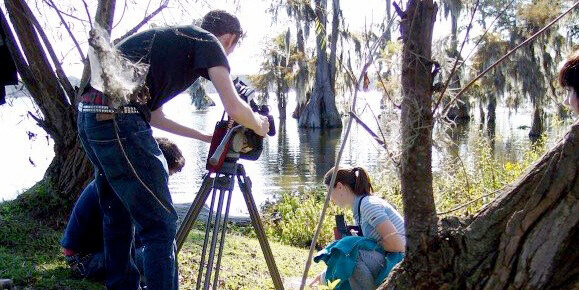 James Peck, Jim Driscoll and Mercer Hathorn shooting for Revisiting Flaherty's Louisiana Story, Lake Martin, Louisiana, 2006.