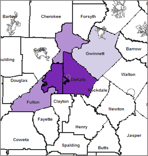 Map 2. Latino Isolation In Metro-Atlanta: Percentage of Latino Students in Predominately Minority High Schools by District, 1994/1995 Map 2. Latino Isolation In Metro-Atlanta: Percentage of Latino Students in Predominately Minority High Schools by District, 1994/1995