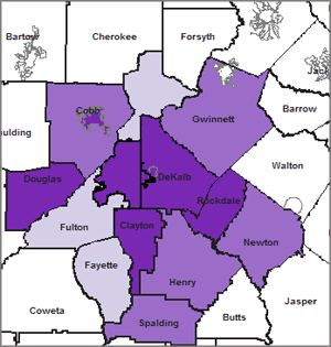 Map 2. Latino Isolation In Metro-Atlanta: Percentage of Latino Students in Predominately Minority High Schools by District, 2007/2008 Map 2. Latino Isolation In Metro-Atlanta: Percentage of Latino Students in Predominately Minority High Schools by District, 2007/2008