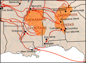 Map of Main Indian Removal Routes from James W. Clay, Paul D. Escott, Land of the South (Birmingham, AL: Oxmoor House, 1989). Map of Main Indian Removal Routes from James W. Clay, Paul D. Escott, Land of the South (Birmingham, AL: Oxmoor House, 1989).
