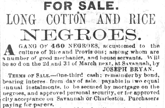 A detail from Joseph Bryan's Initial Advertisement for the Butler "Sale of Slaves," The Savannah Republican, Tuesday, February 8, 1859.