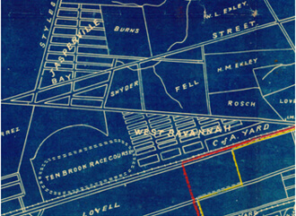 Detail showing Ten Broeck Race Course location, from Map of part of Chatham County, State of Georgia showing property lines in the environs of Savannah, from the latest surveys," 1897. Courtesy of Map Collection, University of Georgia.