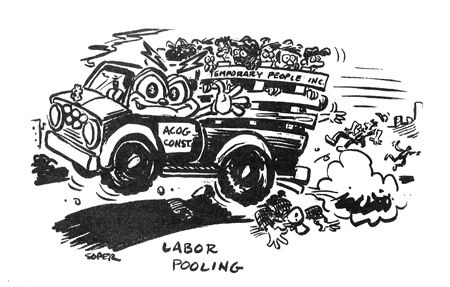 Kerry Soper, Labor Pooling, Southern Changes Vol. 18, No. 2, Summer 1996, pg. 12.  This cartoon critiques the issue of temporary workers brought in to construct and staff the Olympic Village and sporting centers then laid off after the Games' close. From S Zebulon Baker's Whatwuzit?: The 1996 Atlanta Summer Olympics Reconsidered.