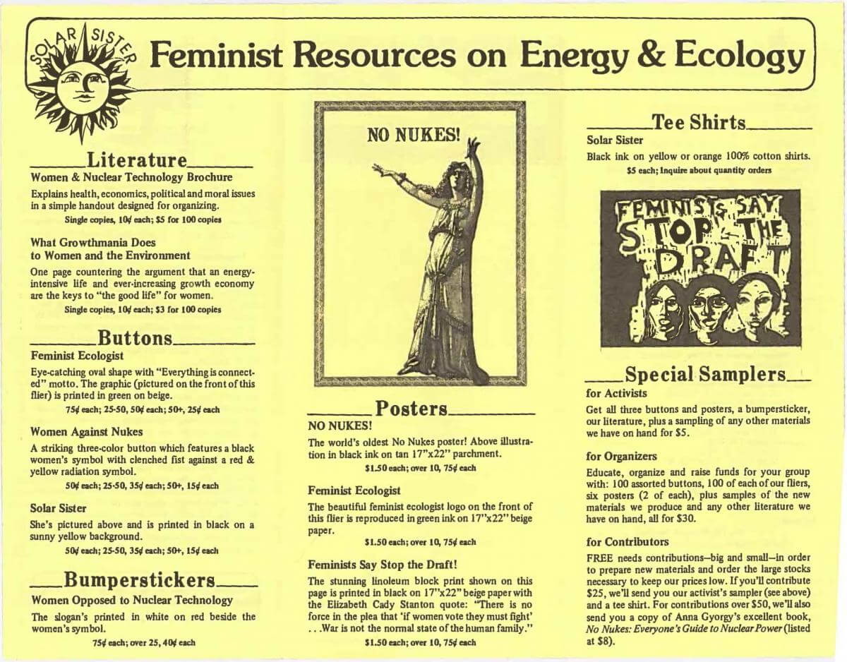 Feminist Resources on Energy & Ecology brochure (Syracuse, NY: Solar Sister). Courtesy of Utica College - Center for Historical Research, Oneida County Black History Archive, and For the Good, Inc.