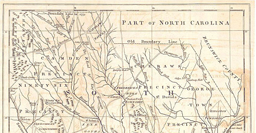 J. Hinton, "A New and Accurate Map of the Province of South Carolina in North America," 1779. From The Universal Magazine, courtesy of the Historical Maps of Alabama Collection, University of Alabama Department of Geography. Via Wikimedia Commons. J. Hinton, "A New and Accurate Map of the Province of South Carolina in North America," 1779. From The Universal Magazine, courtesy of the Historical Maps of Alabama Collection, University of Alabama Department of Geography. Via Wikimedia Commons.