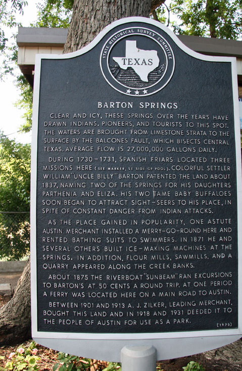 Barton Springs Historic Plaque in Zilker Metropolitan Park, Austin, Texas, March 16, 2009. Photograph by Matthew Rutledge. Courtesy of Matthew Rutledge (CC BY 2.0).