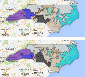2001 (top) and 2011 (bottom) North Carolina congressional district maps. Map by the North Carolina State Board of Elections and Google Maps.