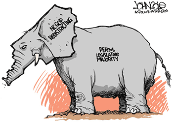"NC GOP Redistricting," November 10, 2014. Political cartoon by John Cole. Courtesy of the cartoonist. "NC GOP Redistricting," November 10, 2014. Political cartoon by John Cole. Courtesy of the cartoonist.