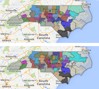 2003 (top) and 2011 (bottom) North Carolina Senate district maps. Map by the North Carolina State Board of Elections and Google Maps.