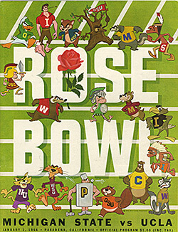 Program for the 1966 Rose Bowl featuring Michigan State vs. UCLA. The Michigan State Spartans won the 1954 and 1956 Rose Bowl games. However, the Spartans lost the 1966 match up with UCLA. Photograph reproduced by permission of the Duffy Daugherty Papers, Michigan State University Archives & Historical Collections, 1966. © Michigan State University. Program for the 1966 Rose Bowl featuring Michigan State vs. UCLA. The Michigan State Spartans won the 1954 and 1956 Rose Bowl games. However, the Spartans lost the 1966 match up with UCLA. Photograph reproduced by permission of the Duffy Daugherty Papers, Michigan State University Archives & Historical Collections, 1966. © Michigan State University.