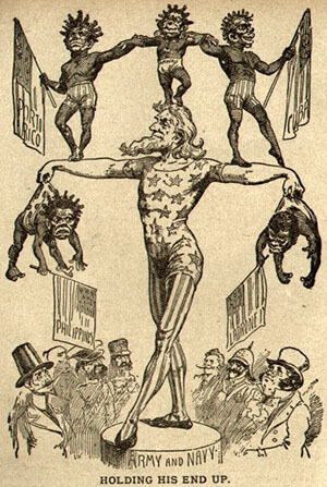 "Holding His End Up," Philadelphia Inquirer, ca. 1899. Political cartoon depicting Puerto Rico, Hawaii, Cuba, the Philippine and Mariana Islands as spoils of the Spanish–American War.