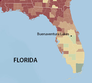 Buenaventura Lakes, Florida. Data from the 2010 Census, Hispanic population according to county. Map courtesy of Southern Spaces.