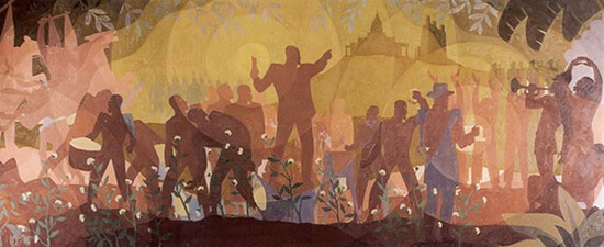 Aspects of Negro Life: From Slavery through Reconstruction. Mural panel by Aaron Douglas, 1934. The Schomburg Center for Research in Black Culture, Art and Artifacts division, The New York Public Library. Aspects of Negro Life: From Slavery through Reconstruction. Mural panel by Aaron Douglas, 1934. The Schomburg Center for Research in Black Culture, Art and Artifacts division, The New York Public Library.