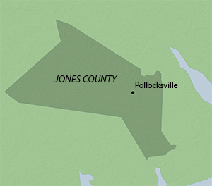 Location of Pollocksville in Jones County, North Carolina. Map by Southern Spaces, 2015. Location of Pollocksville in Jones County, North Carolina. Map by Southern Spaces, 2015.
