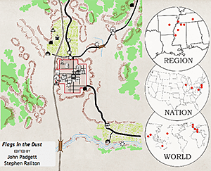 Having selected Flags in the Dust, a user can click Show Locations from the map controls to see the various locations (both inside and outside Yoknapatawpha) that appear in the novel. Clicking on any of the map's icons brings up additional information. Screenshot by Stephen Railton, 2014. Courtesy of Digital Yoknapatawpha Project.
