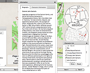 By clicking on a character's icon, users have access to fairly detailed information about him or her, including a biographical sketch, a list of the other texts the character appears in, social class, occupation, and so on. Screenshot by Stephen Railton, 2014. Courtesy of Digital Yoknapatawpha Project.