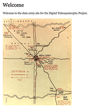 Welcome page for the data entry site featuring a hand-drawn map of Jefferson. Screenshot by Southern Spaces, 2014. Courtesy of Digital Yoknapatawpha Project.