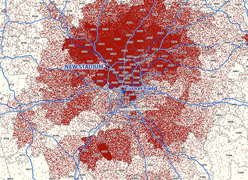 Distribution of Atlanta Braves fanbase and location of Turner Field and proposed new stadium, November 2013. Map courtesy of the Atlanta Braves. Distribution of Atlanta Braves fanbase and location of Turner Field and proposed new stadium, November 2013. Map courtesy of the Atlanta Braves.
