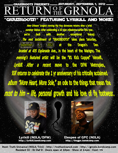 GRASSROOTS! flyer advertising September 1, 2012 show with Lyrikill and Elespee.